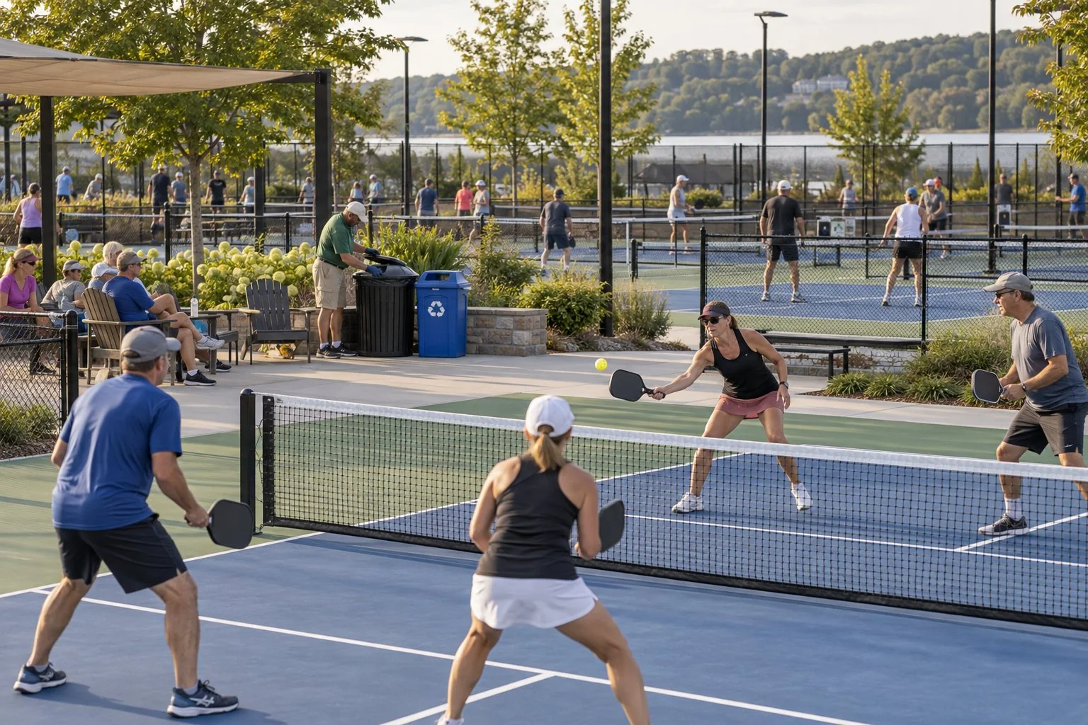Groundskeeper checking a covered waste station at a busy pickleball complex
