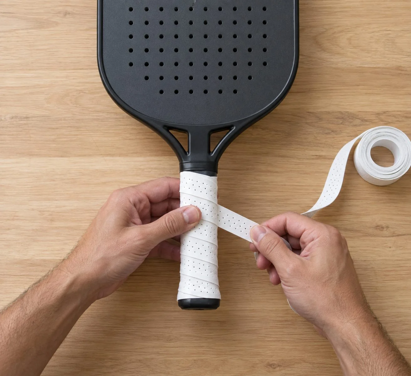 Mãos instalando um overgrip em diagonal no cabo de uma raquete de pickleball sobre uma mesa, vista superior, sem texto nem logotipos inventados