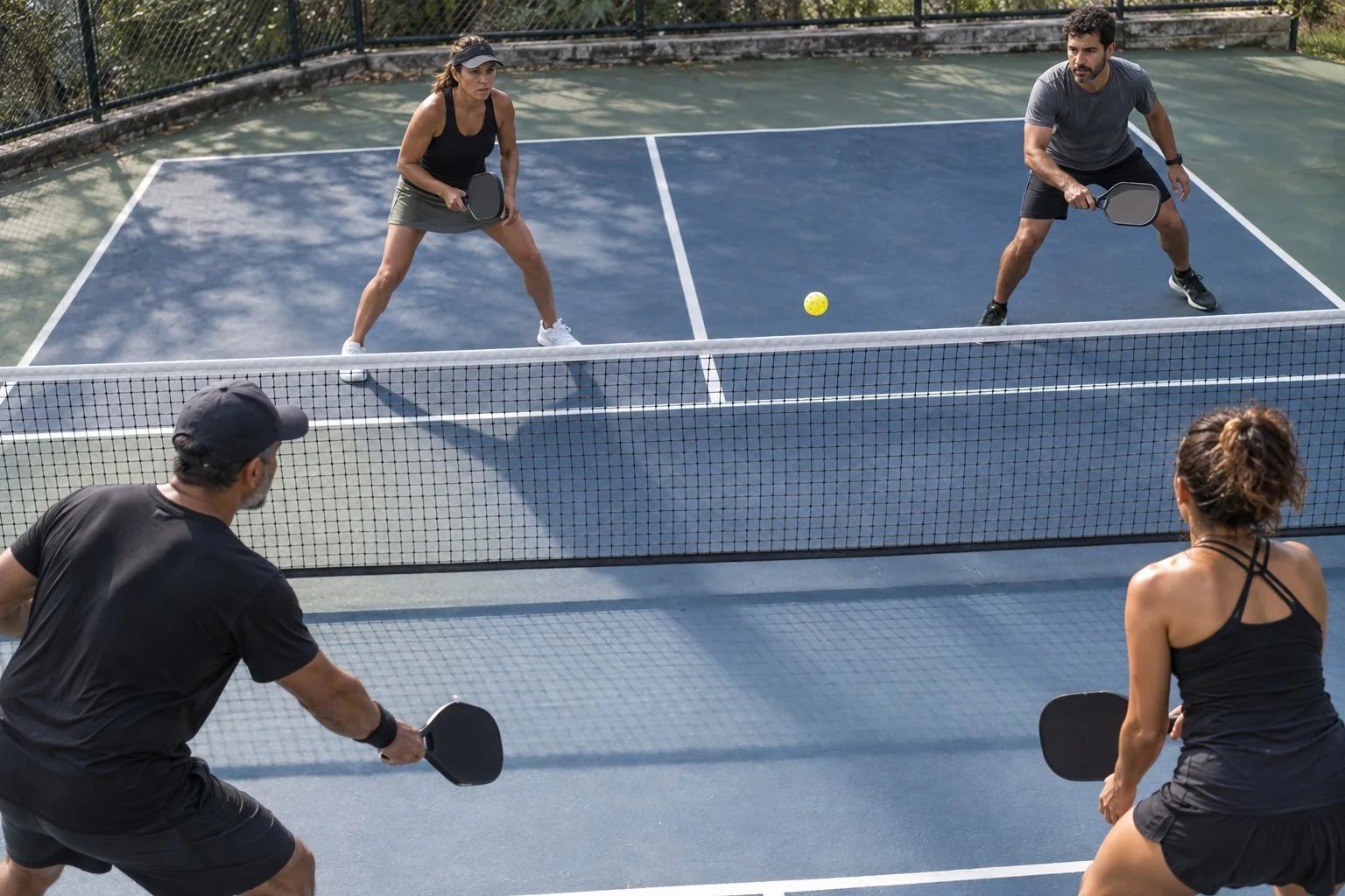 Vista diagonal de uma quadra de pickleball com a bola já no lado receptor depois de tocar a rede, jogadores prontos para continuar