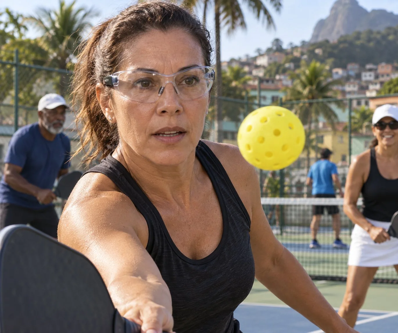 Jogador de pickleball usando óculos de proteção com visão nítida da bola