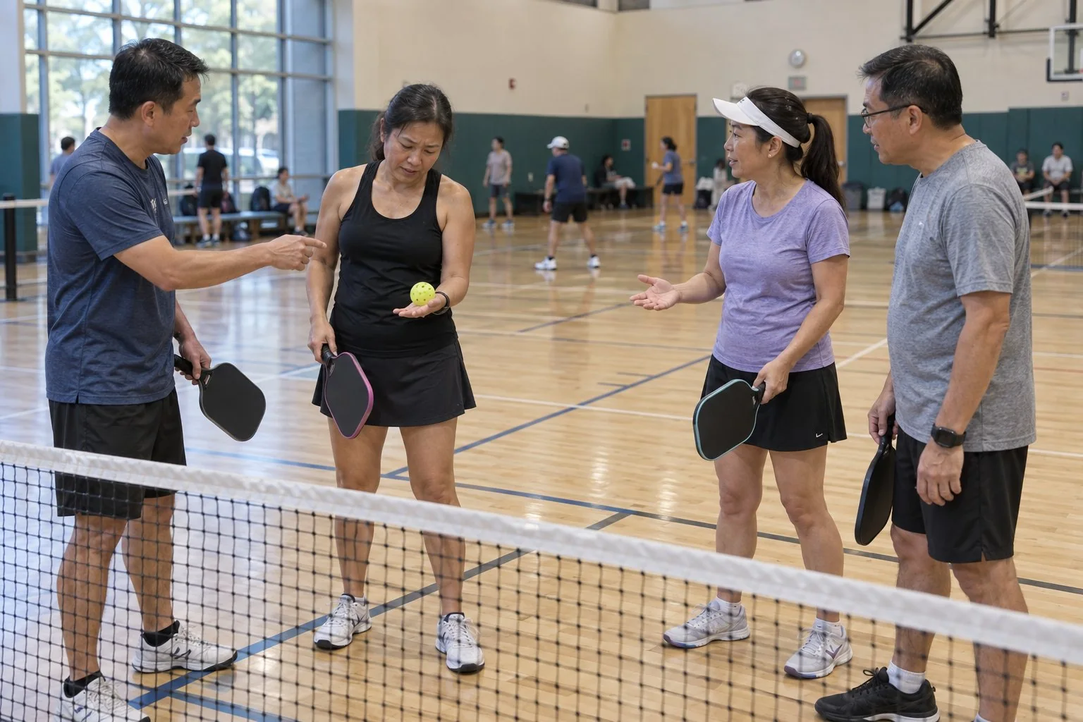 Tình huống bóng chạm bàn tay không cầm vợt sau cú đánh trong trận đôi pickleball