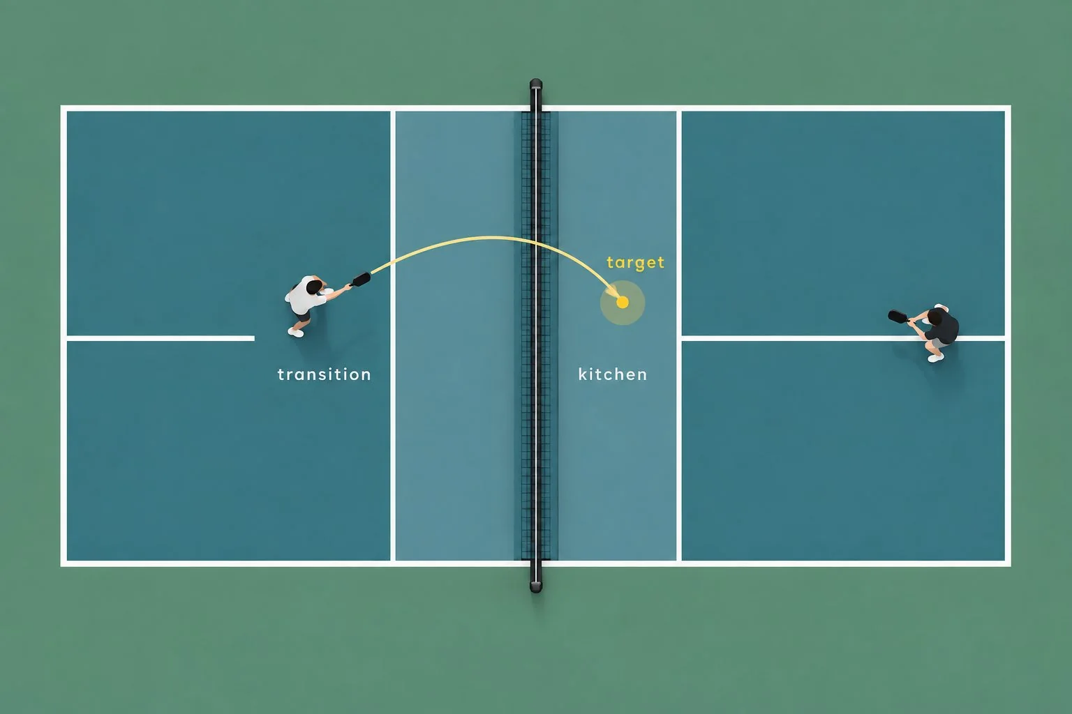 Overhead diagram of a pickleball reset landing near the kitchen