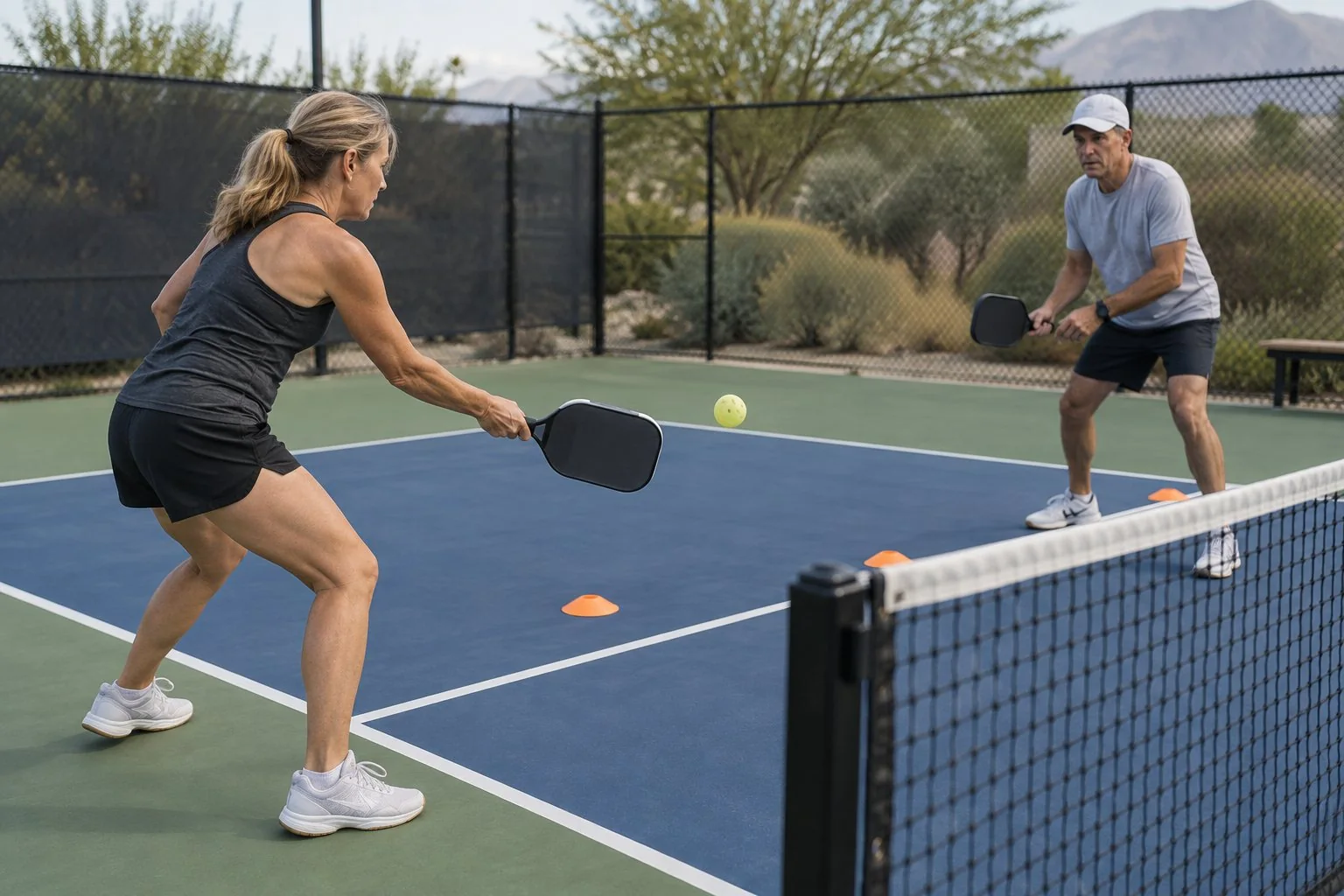 Partners practicing pickleball reset shots toward target zones