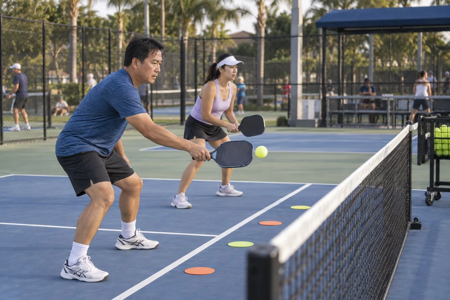 Hai người tập cú reset pickleball với vùng mục tiêu