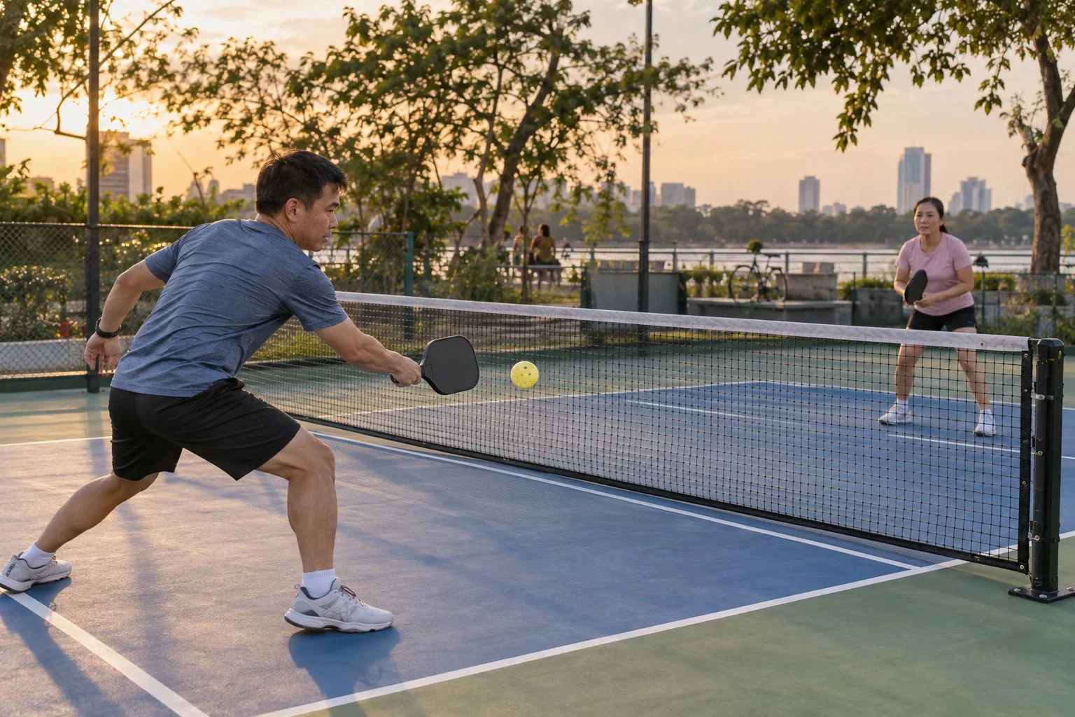 Hai người tập đánh bóng pickleball trong điều kiện có gió