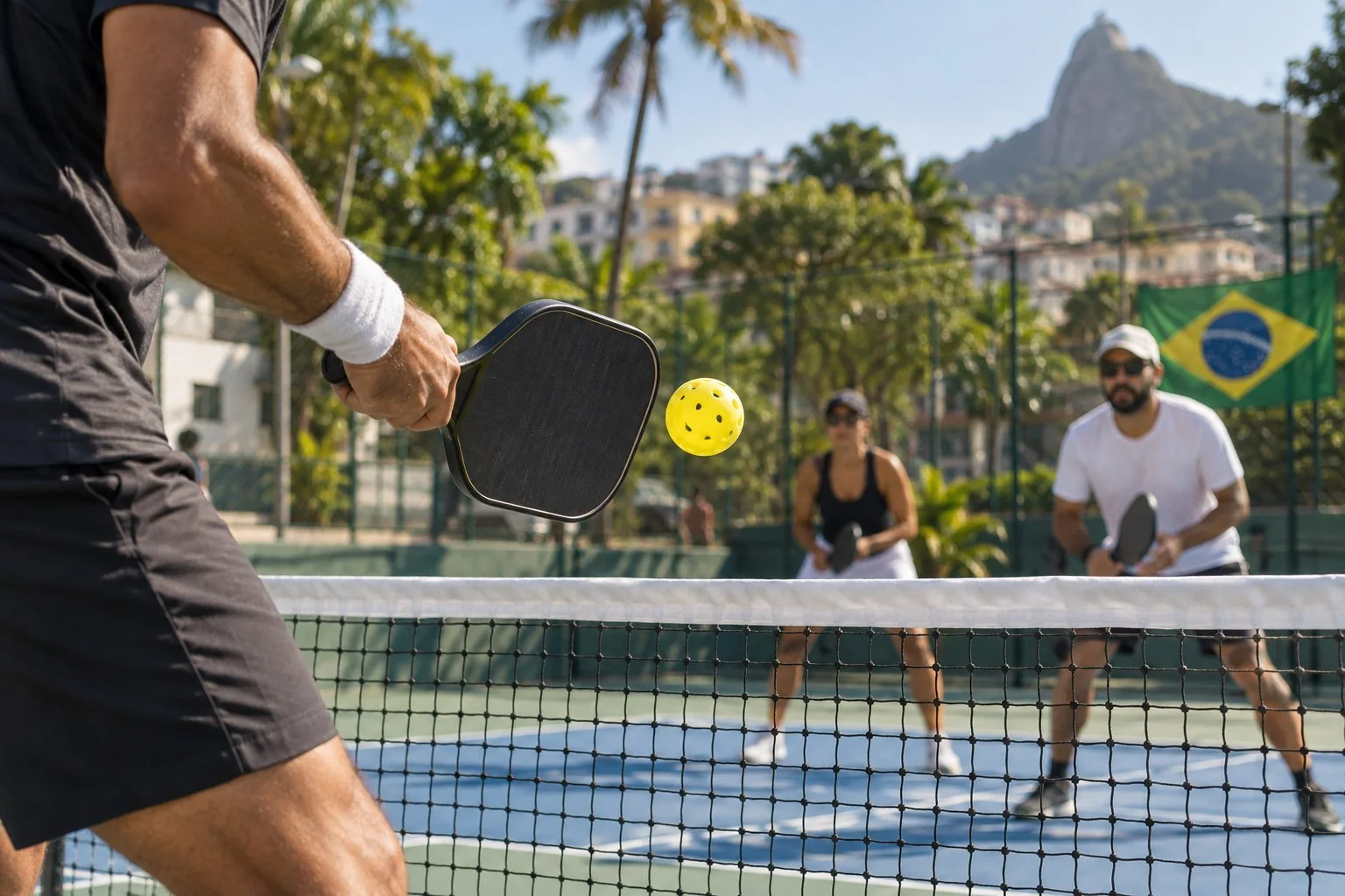 Bola de pickleball tocando a fita superior da rede durante o saque