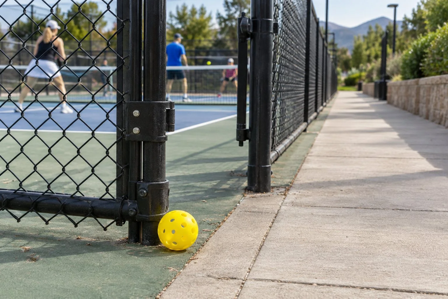 Loose pickleball beside the gate between adjacent courts