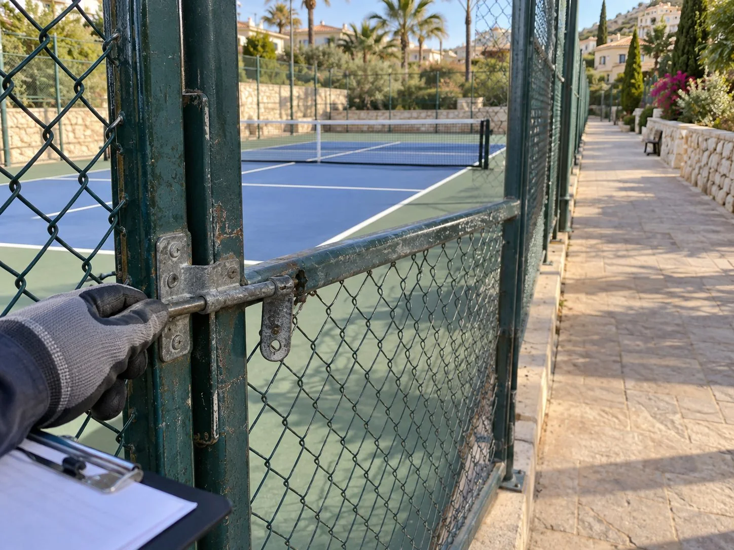 Detalle de una puerta y un pestillo de seguridad junto a una pista de pickleball