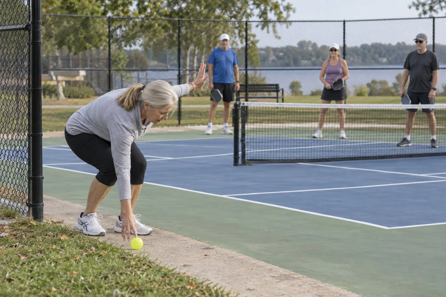 Volunteer signalling a pause before retrieving a ball