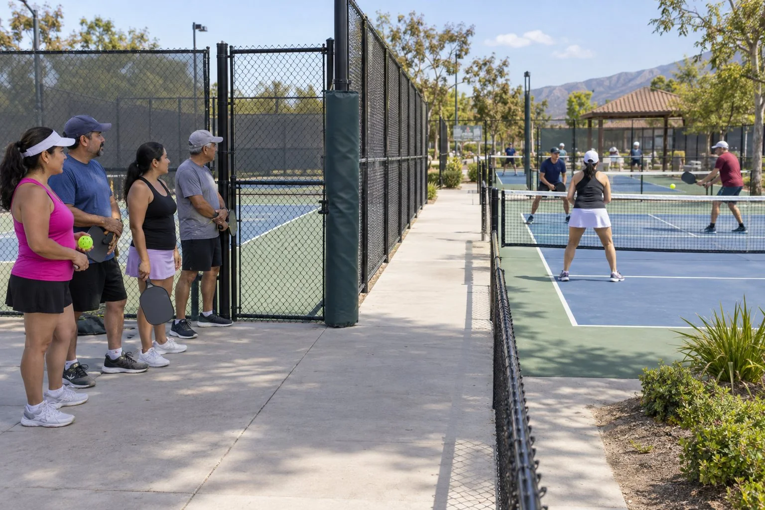 Dos pistas de pickleball con separación segura y pasillo de salida despejado