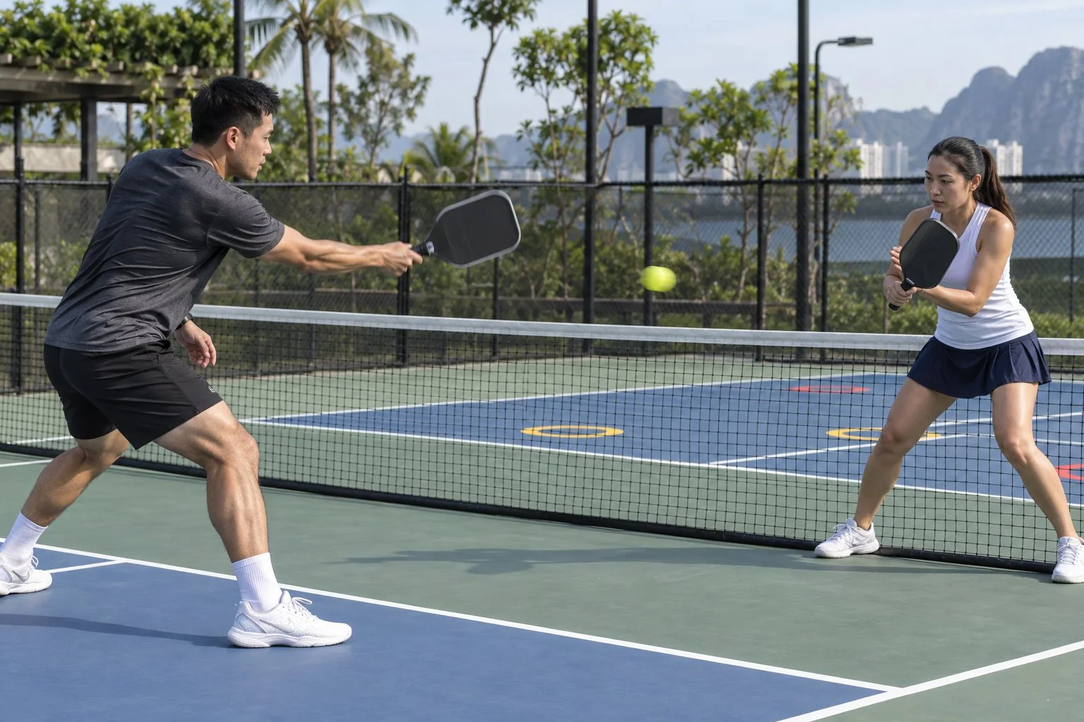 Hai người luyện block drive pickleball với mục tiêu