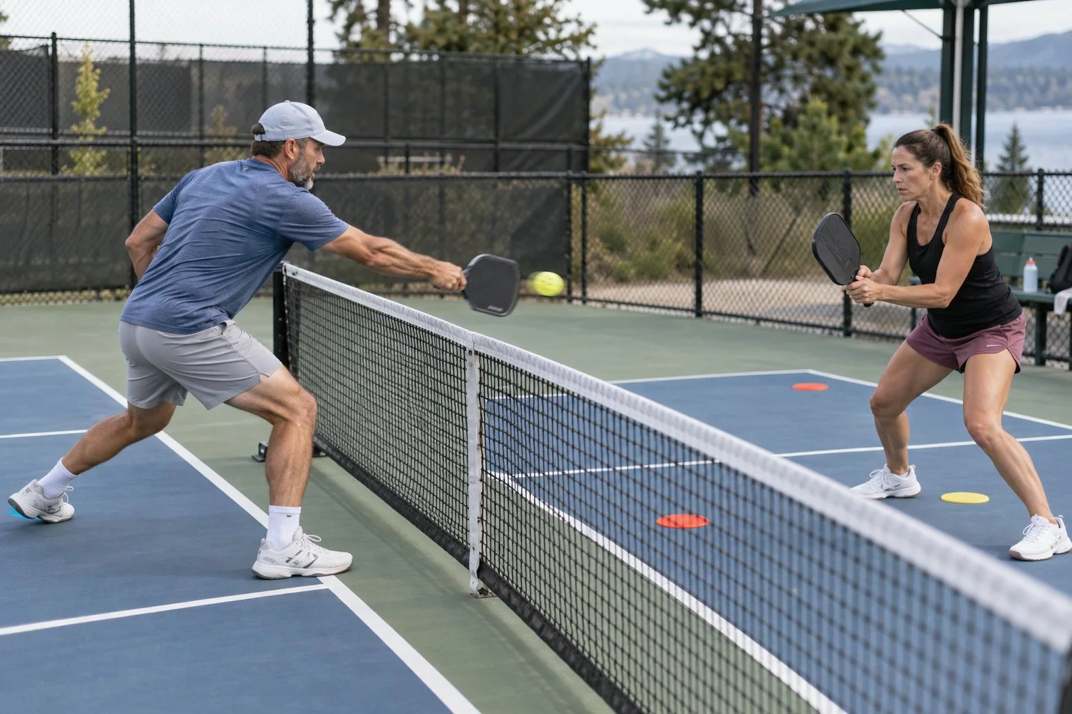 Partners practicing pickleball drive blocks toward target zones
