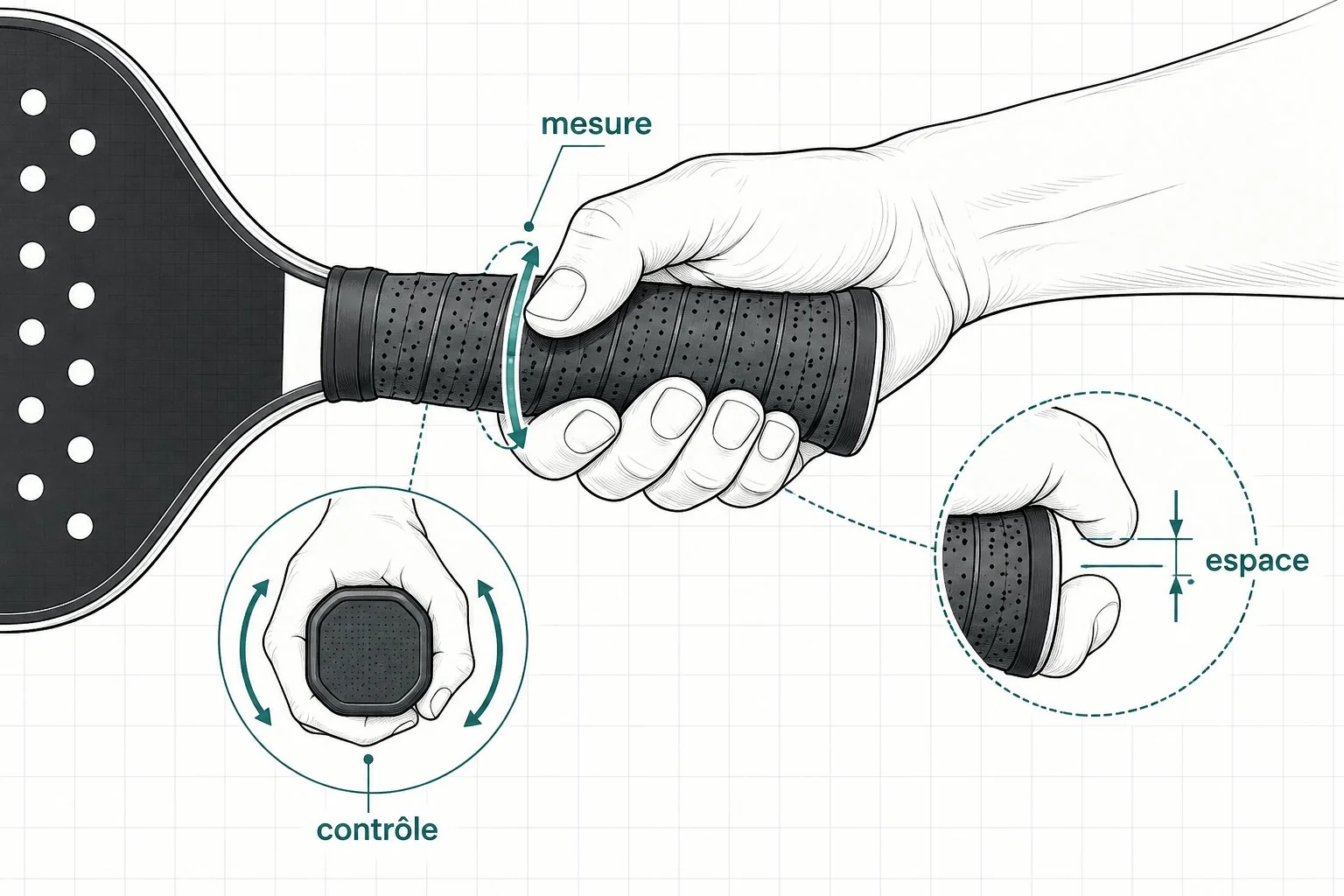 Schéma de mesure du grip d’une raquette de pickleball