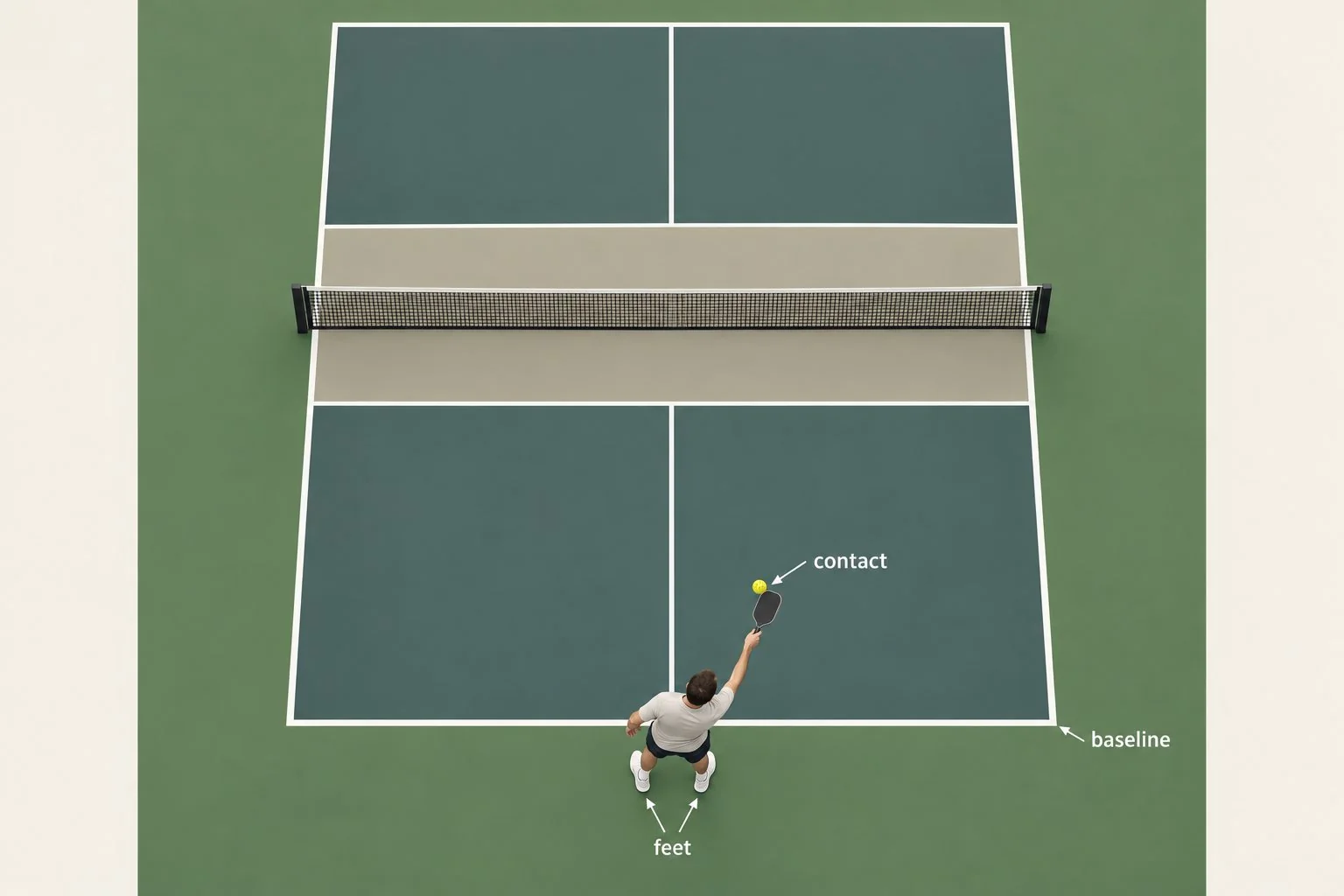 Overhead diagram of pickleball serve contact and feet