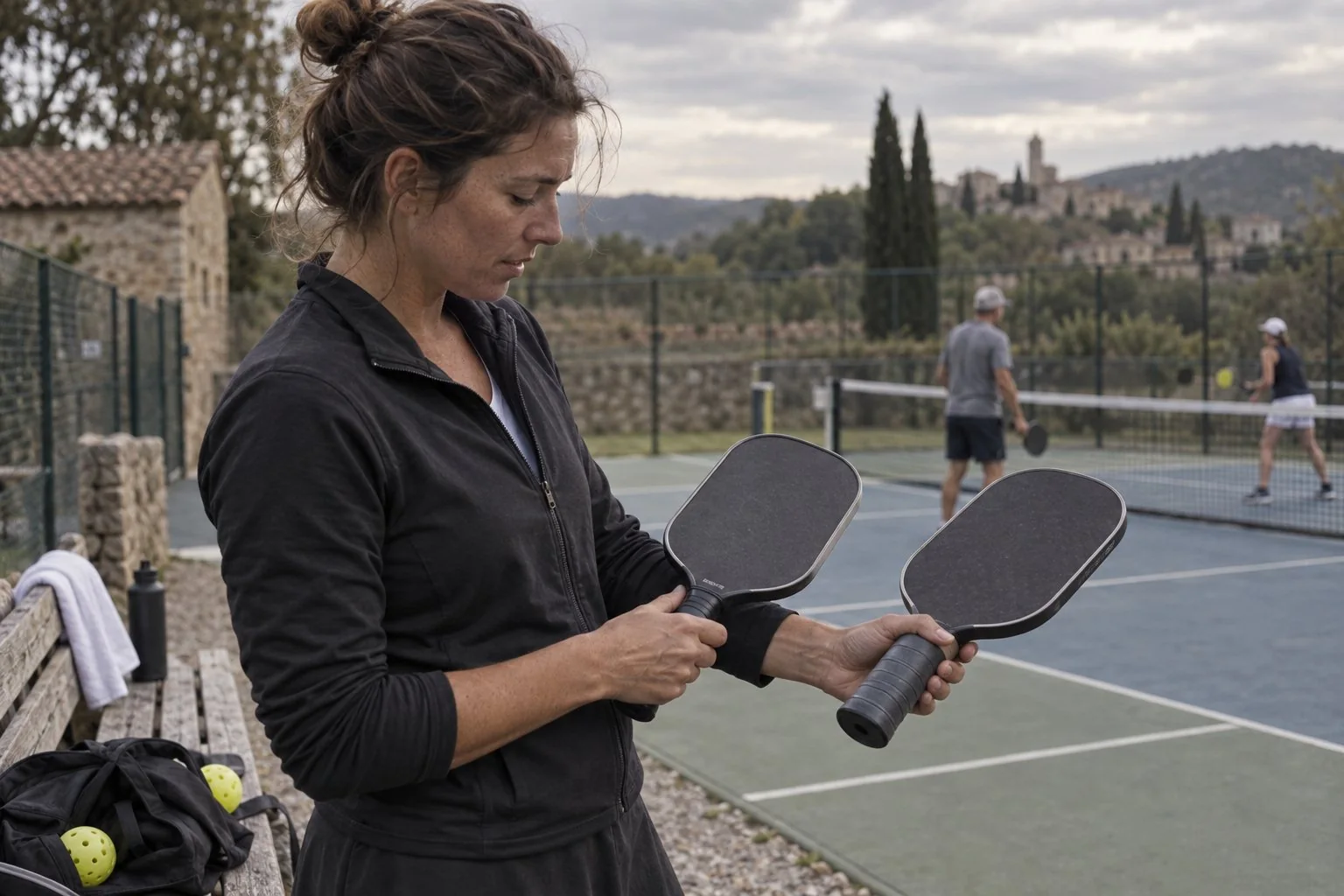 Joueur testant plusieurs tailles de grip au bord du court