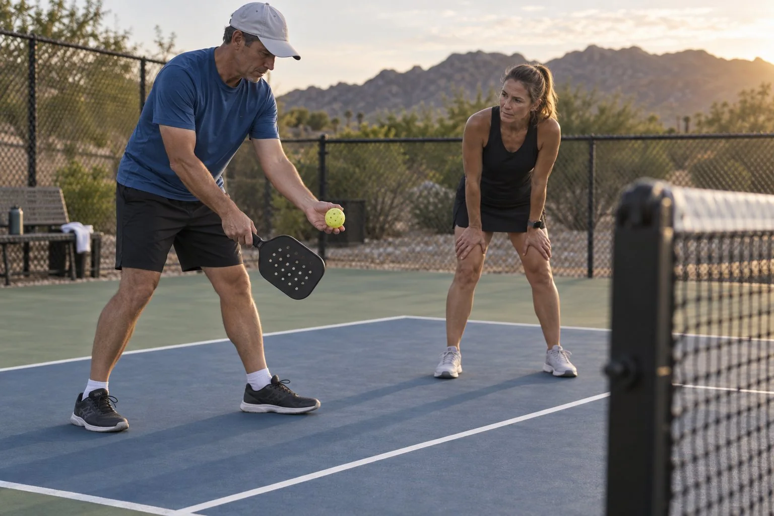 Partners checking pickleball serve motion practice