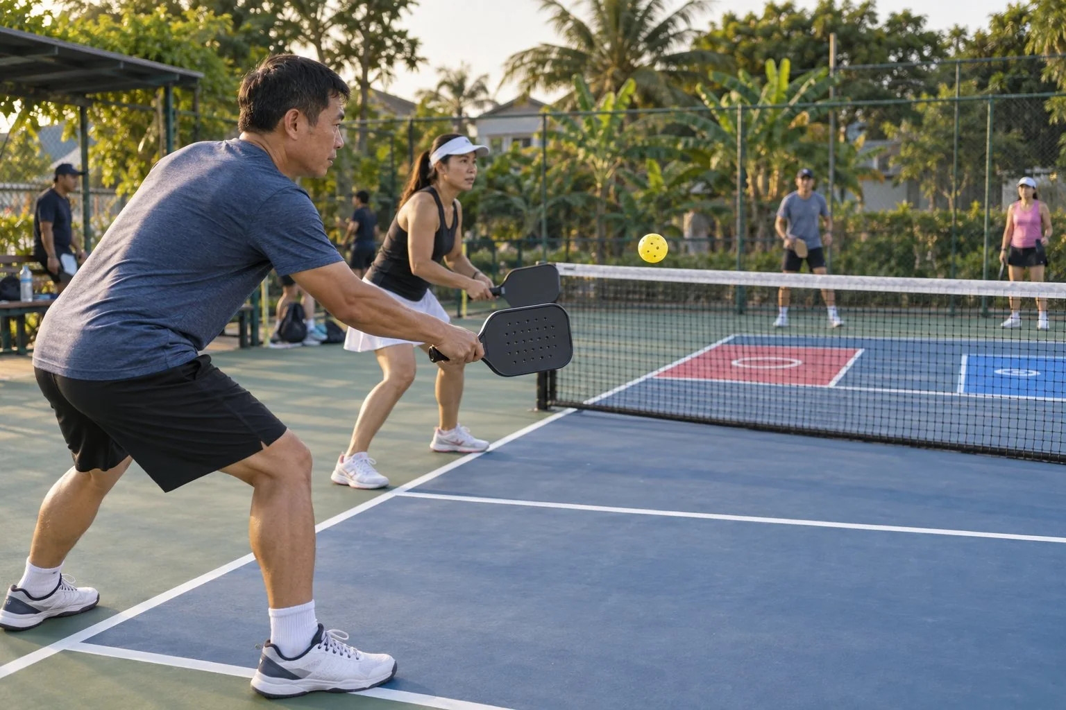 Hai người luyện volley thấp pickleball theo mục tiêu