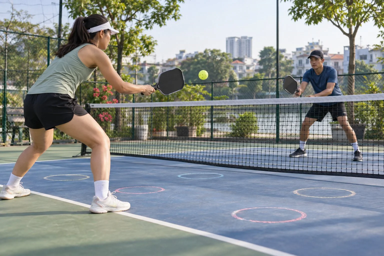 Hai người tập punch volley pickleball theo vùng mục tiêu