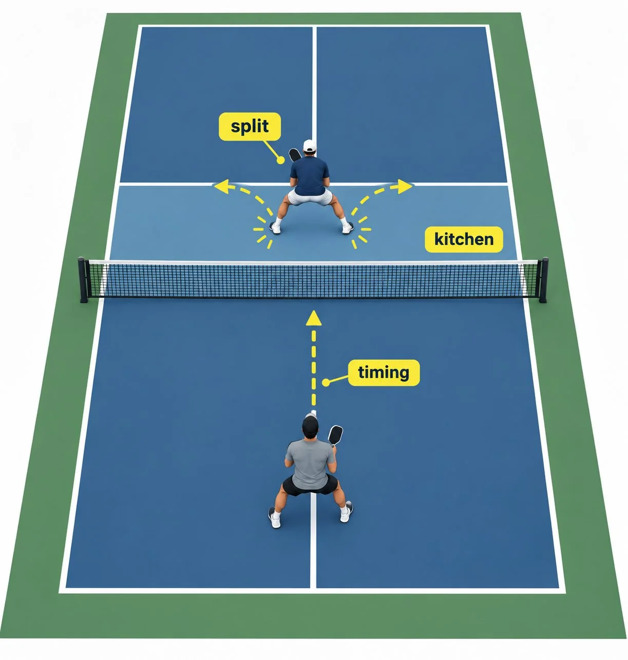 Overhead diagram of pickleball split-step timing and court position
