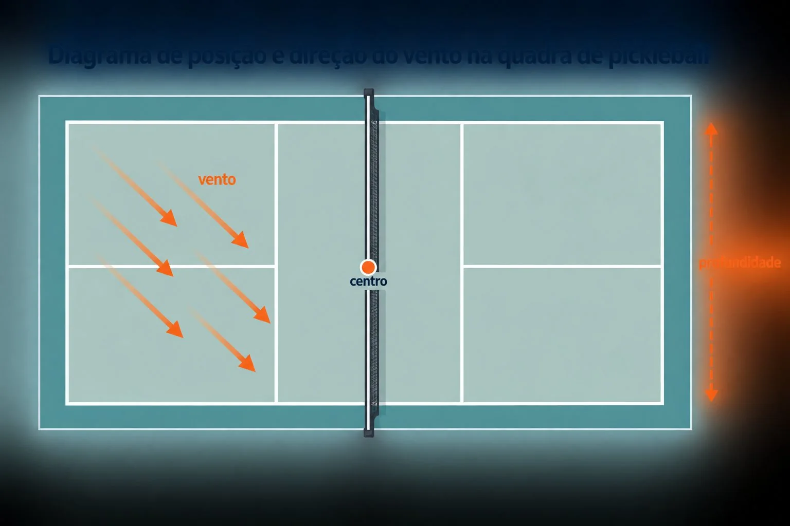 Diagrama de posição e direção do vento na quadra de pickleball