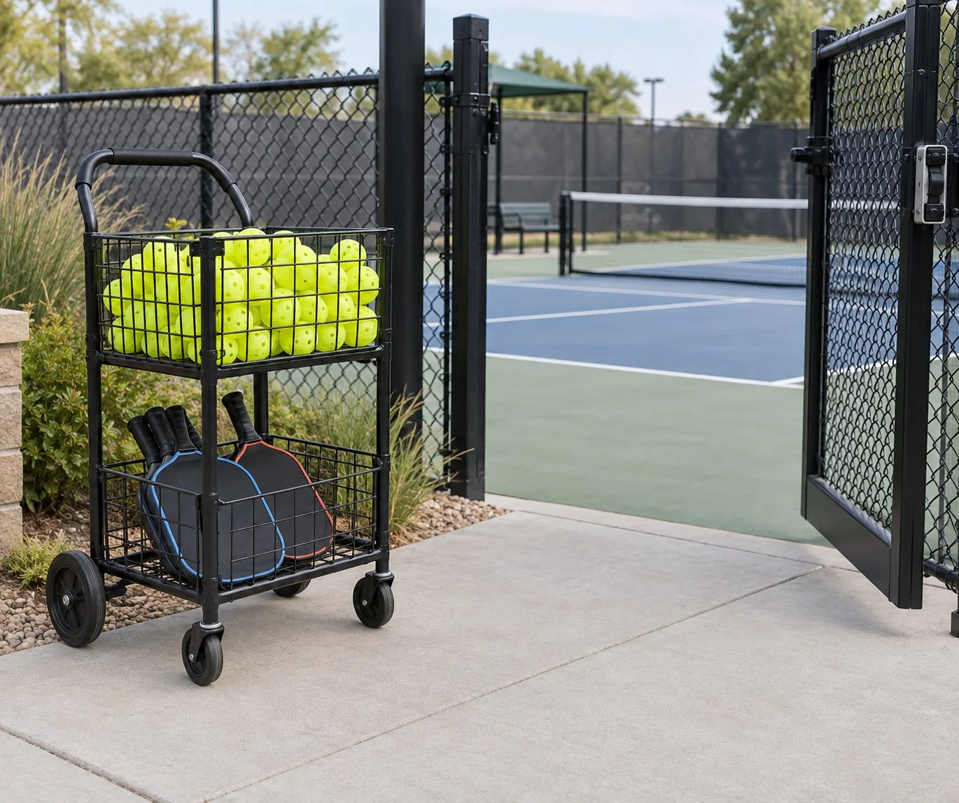 Equipment cart parked outside a gate with a clear walkway