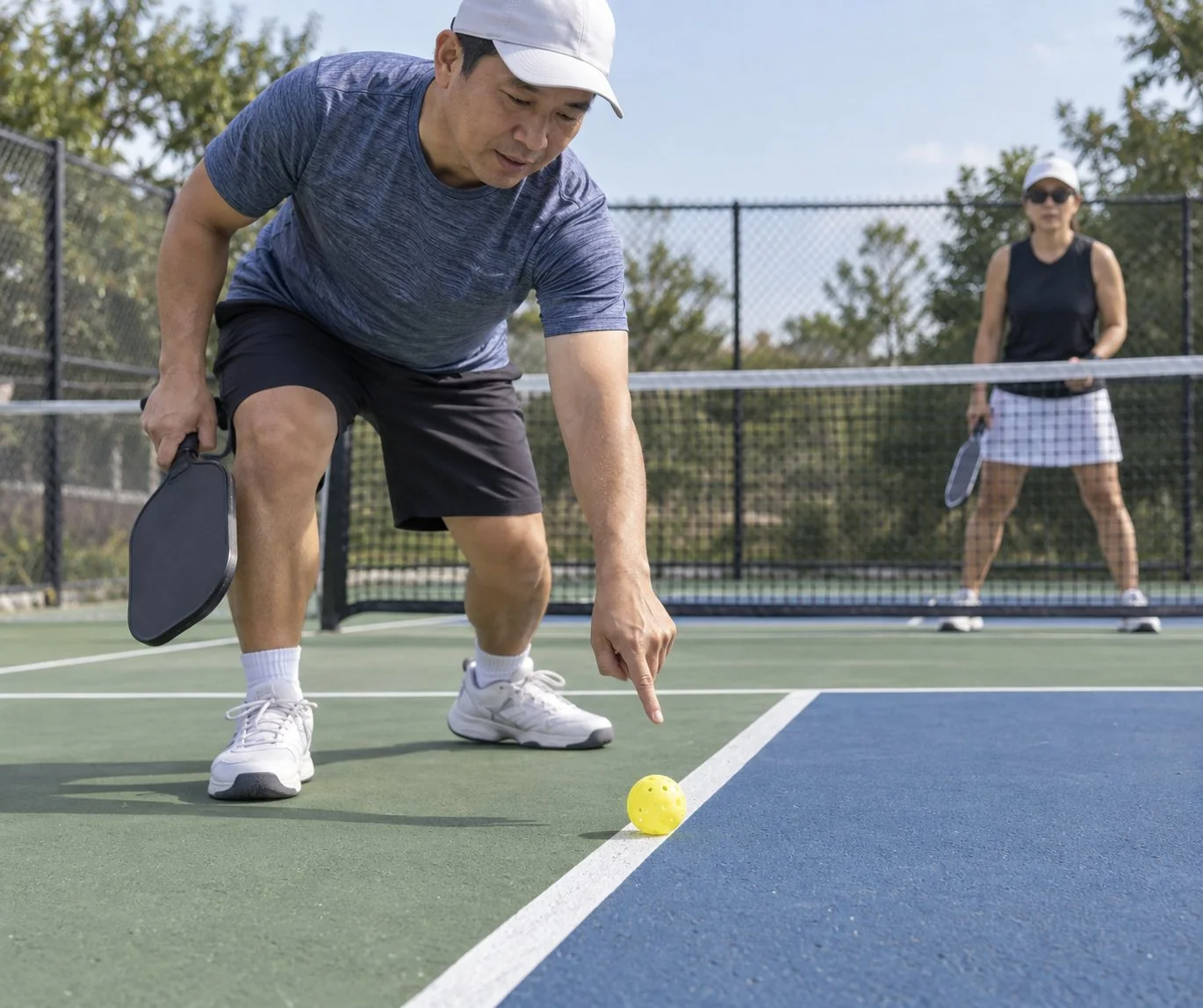 Quả bóng pickleball chạm đúng vạch bên sau khi nảy