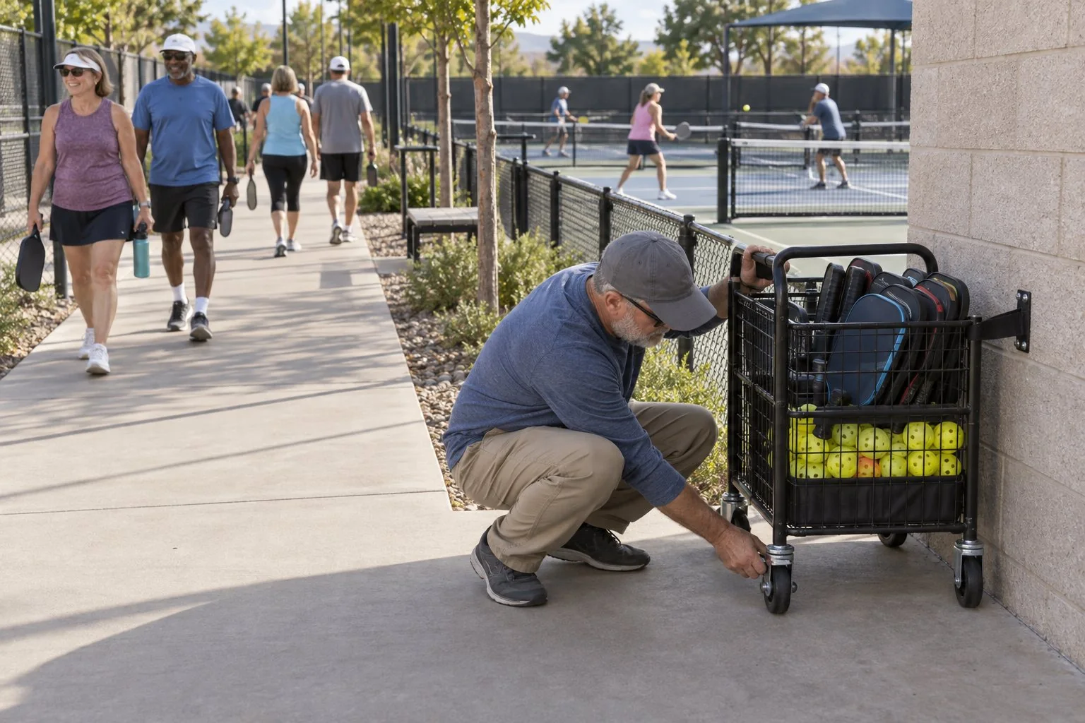 Volunteer checking cart wheel brakes outside active pickleball courts