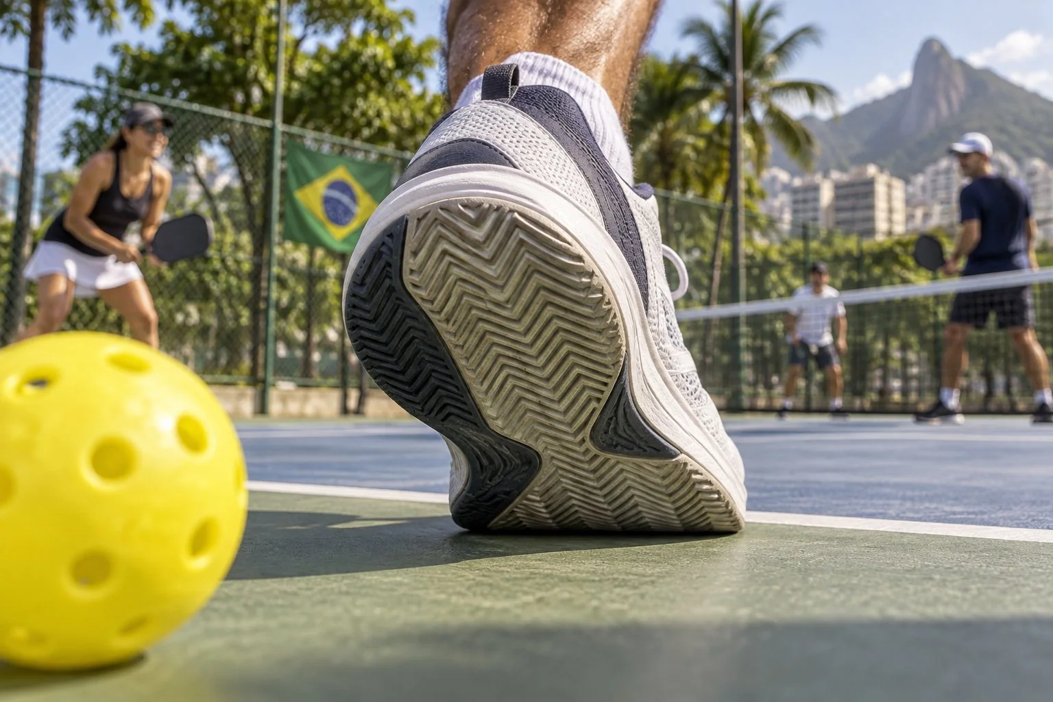Sola de tênis de quadra mostrando desenho de tração ao lado de uma bola de pickleball