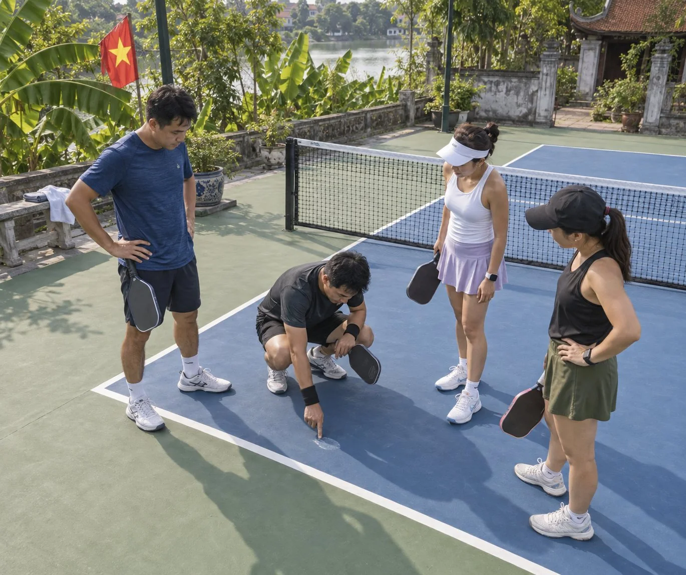 Hai đội pickleball trao đổi bình tĩnh về một quả bóng sát vạch bên
