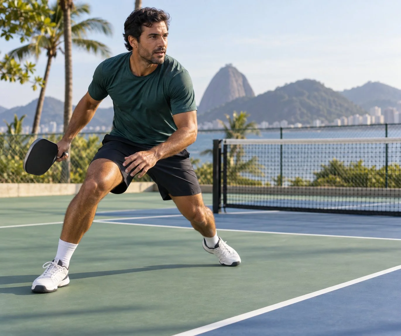 Jogador brasileiro fazendo deslocamento lateral curto para testar estabilidade no pickleball