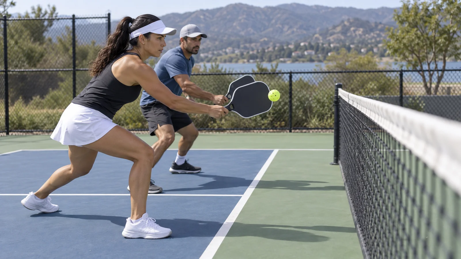 Pareja de pickleball practicando un bloqueo defensivo con una sola trayectoria de pala