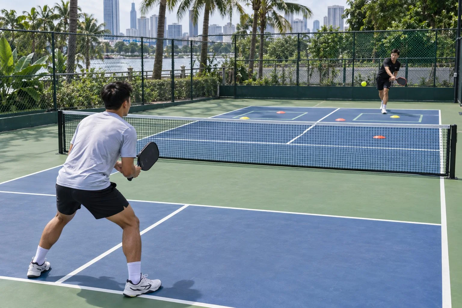Hai người tập trả giao bóng pickleball với vùng mục tiêu
