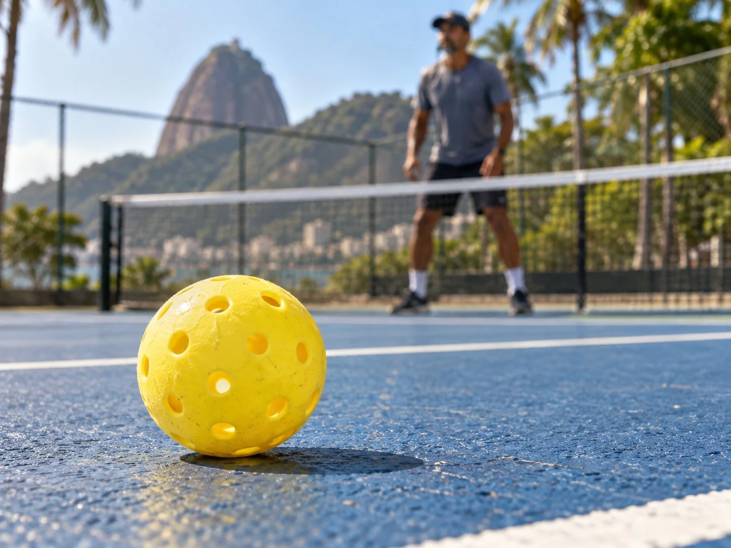Bola de pickleball em uma quadra externa aquecida pelo sol