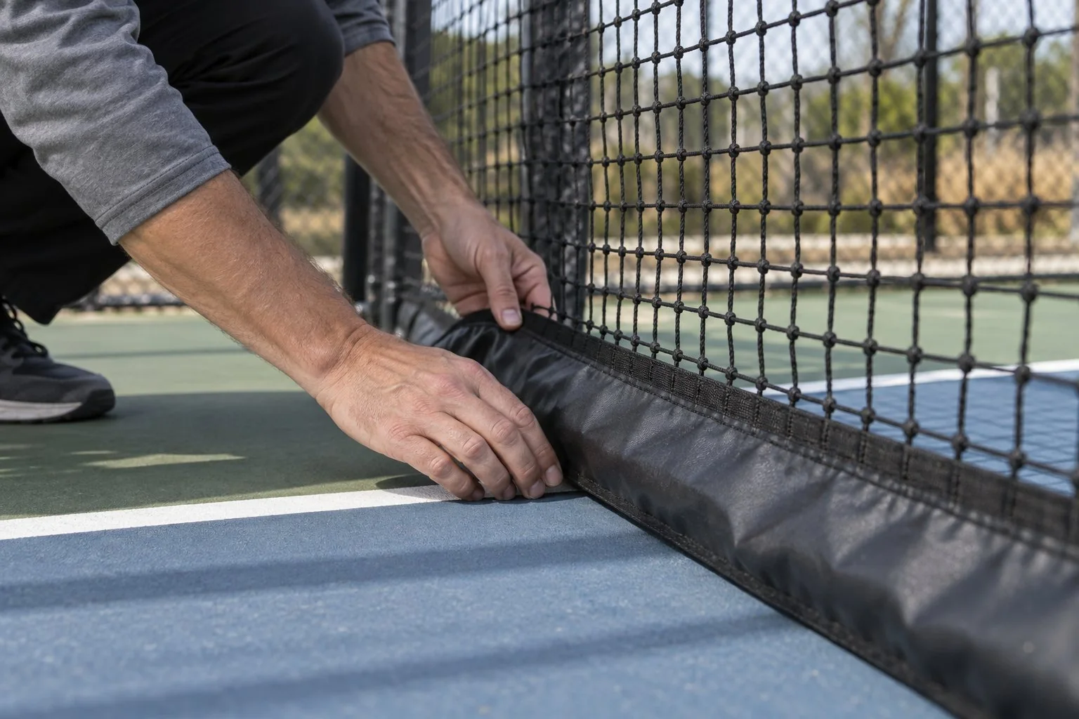 Close-up inspection of a weighted divider-net base beside a court