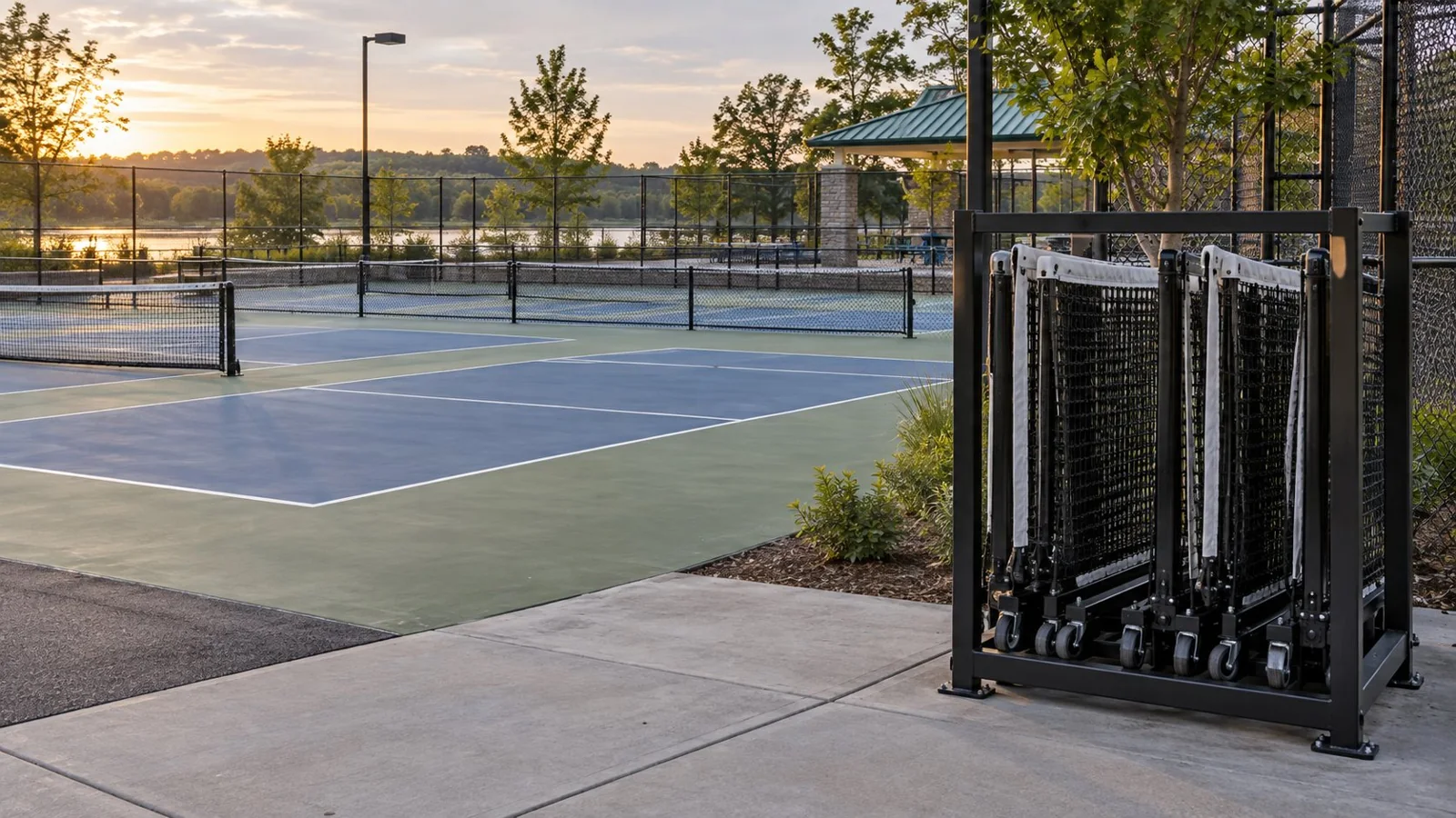 Folded divider nets secured on a storage rack away from court walkways