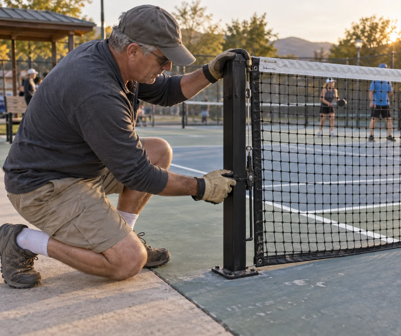 Responsable ajustando la tensión de una red de pickleball en una pista exterior