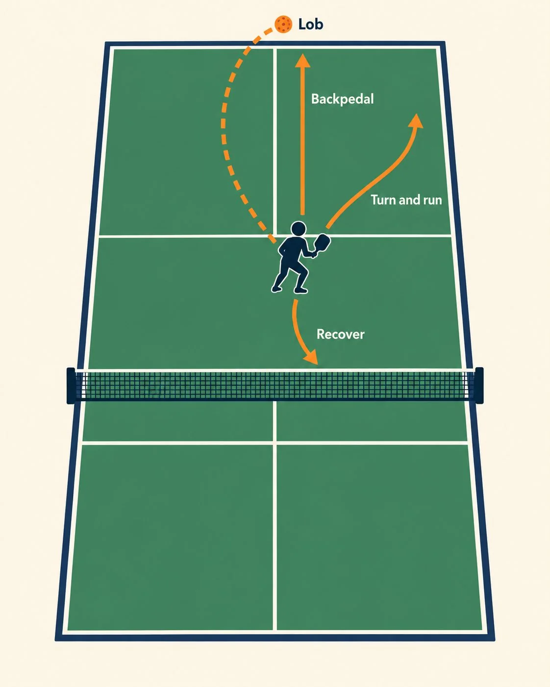 Overhead pickleball diagram showing lob defense decision and recovery