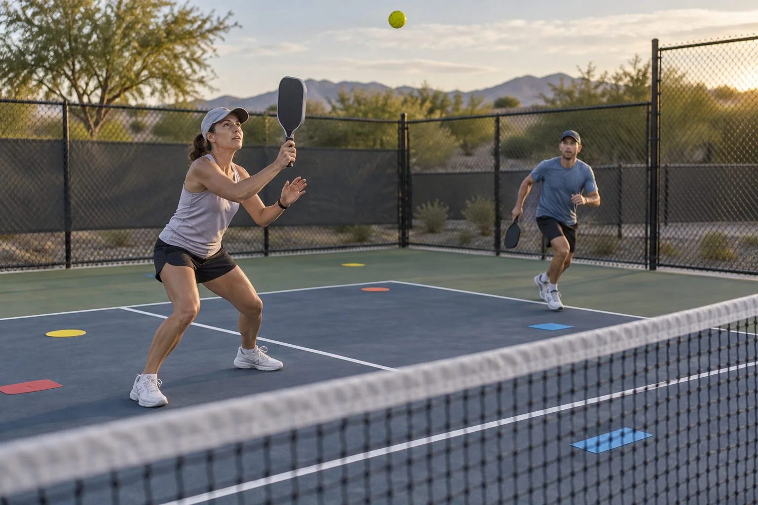 Two players practicing pickleball lob defense with target zones