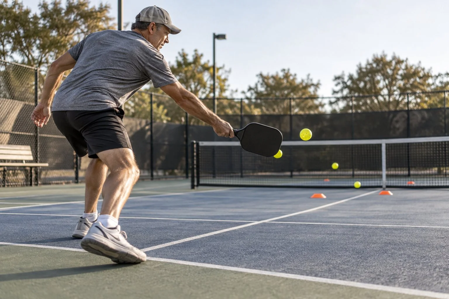 Player practicing controlled pickleball shots with a target