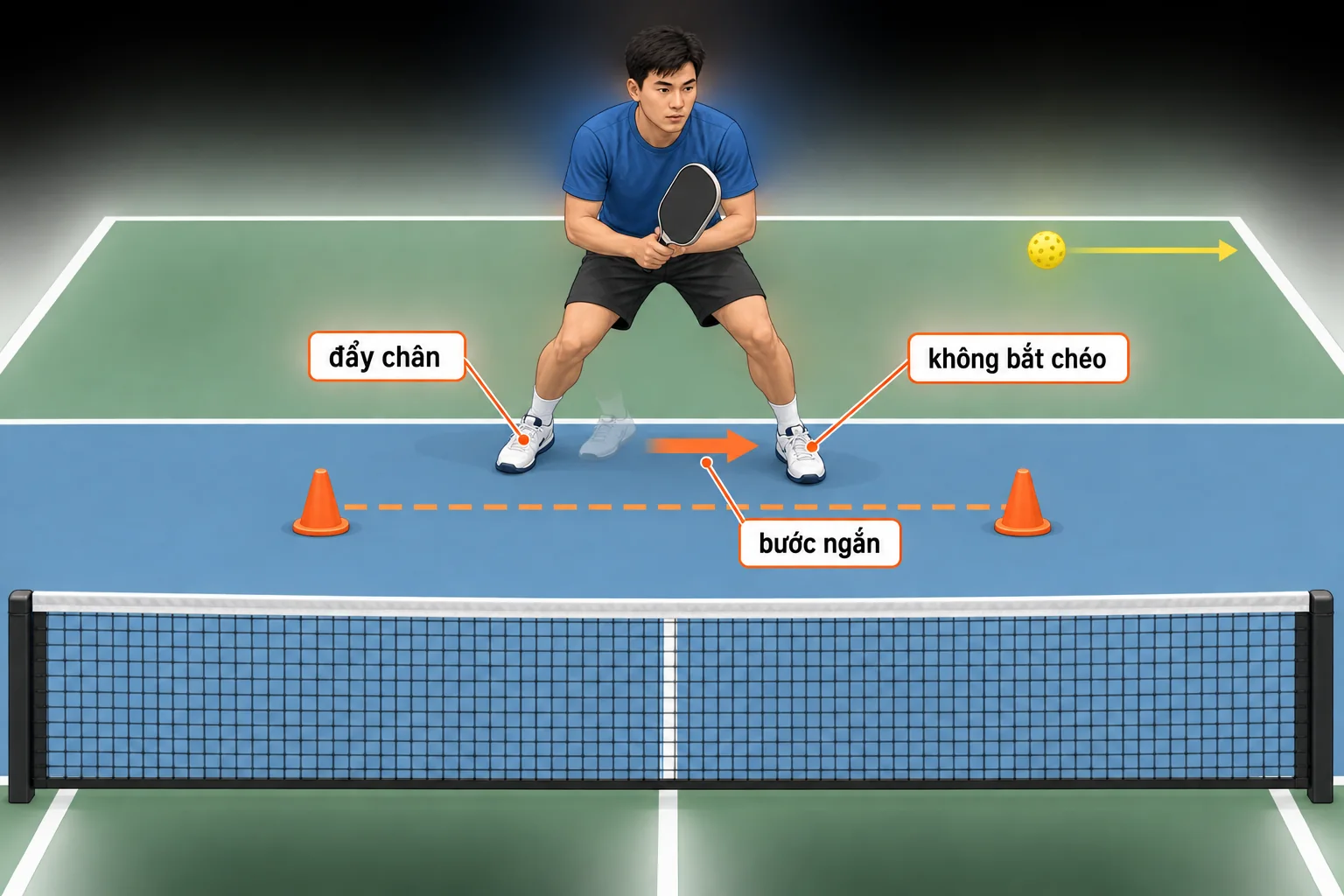 Bài tập shuffle ngang tại khu vực bếp pickleball