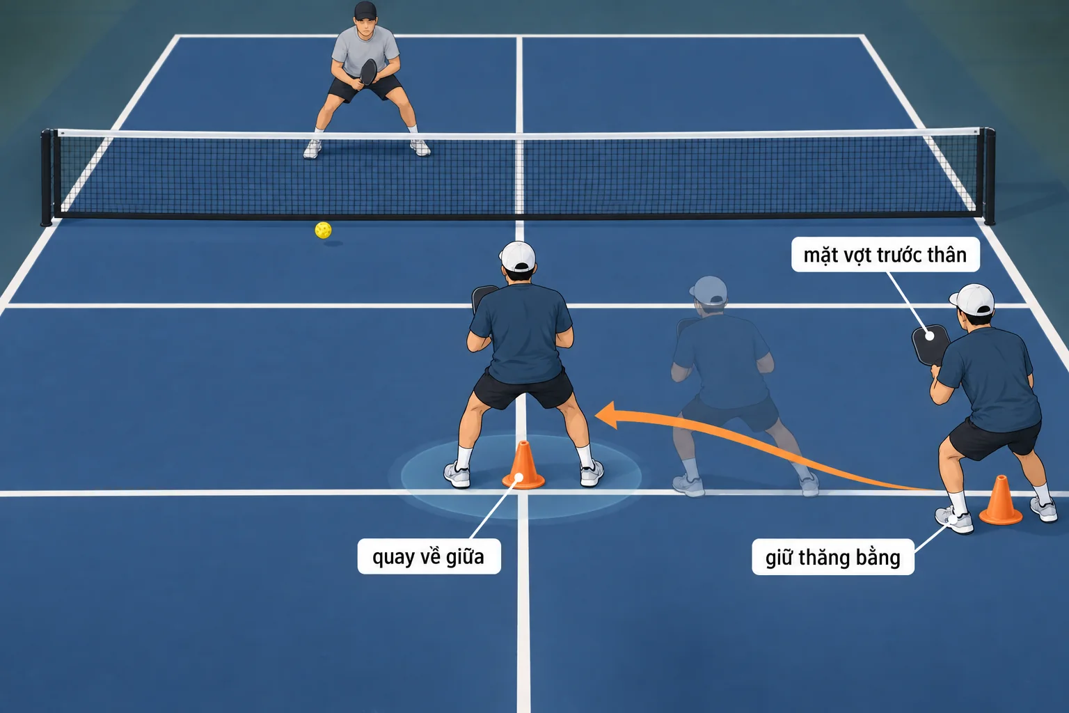 Khoảnh khắc di chuyển ngang bằng bước ngắn trong pickleball