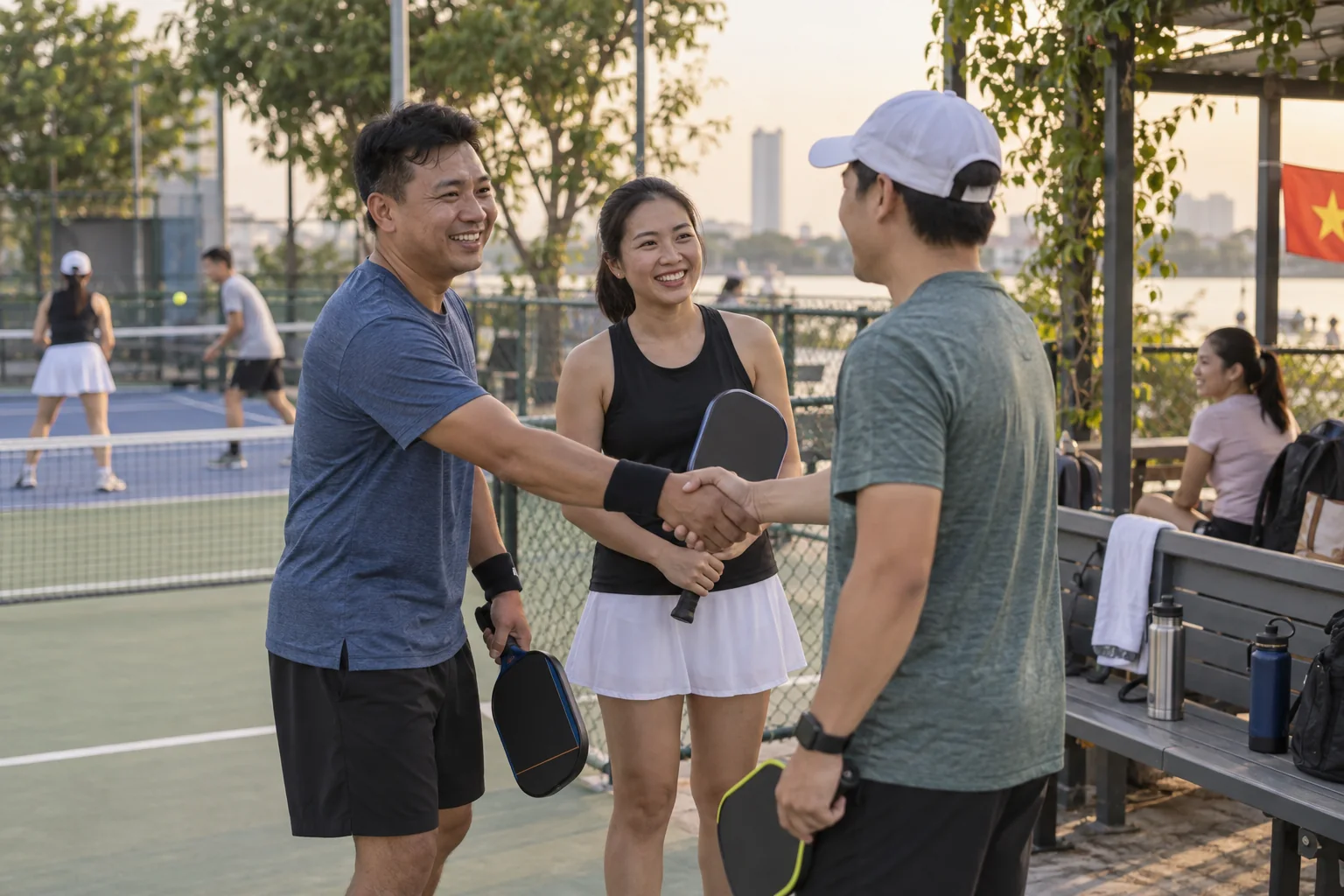 Người chơi chào hỏi và làm quen trước một ván pickleball