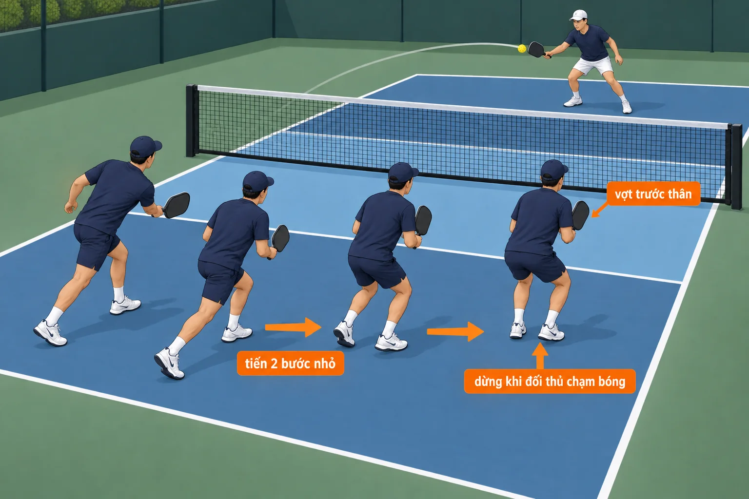Sơ đồ ba nhịp tiến qua vùng chuyển tiếp trong pickleball