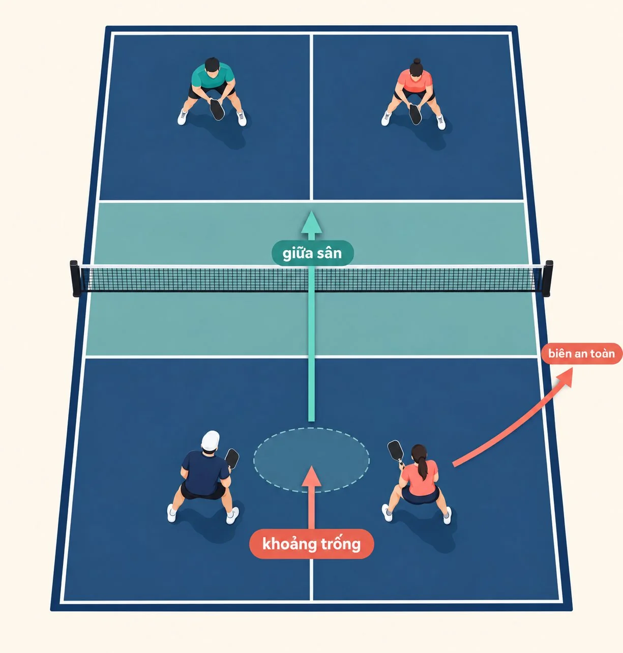 Sơ đồ khoảng trống và hướng đánh trong pickleball đôi