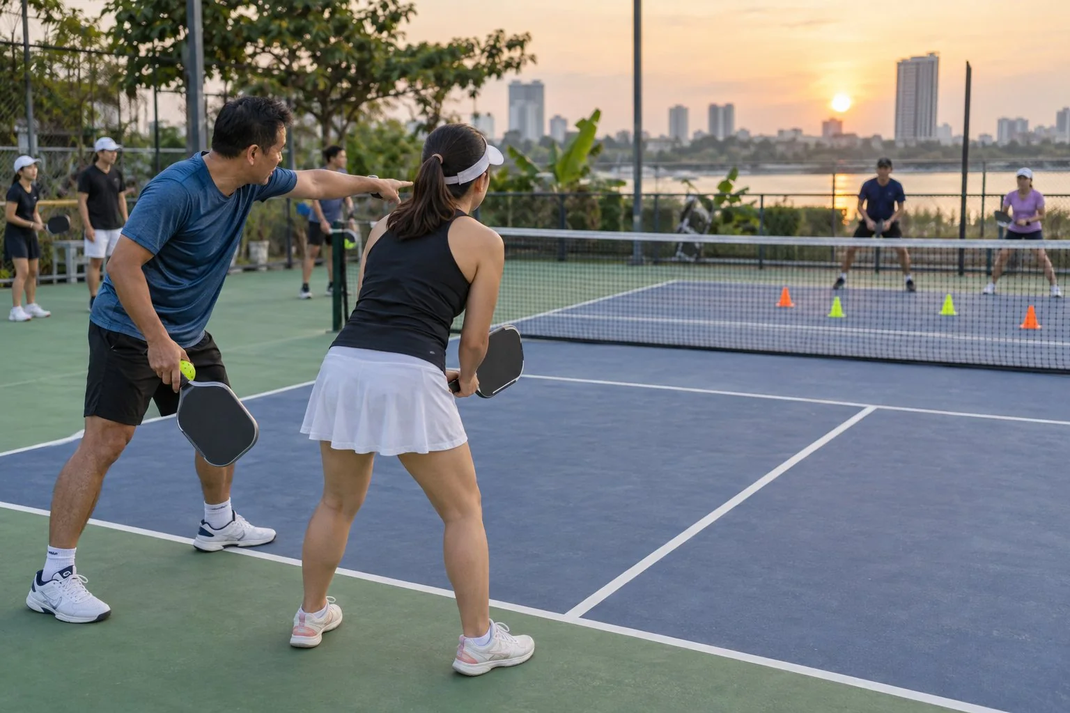 Cặp đôi luyện chọn mục tiêu trên sân pickleball