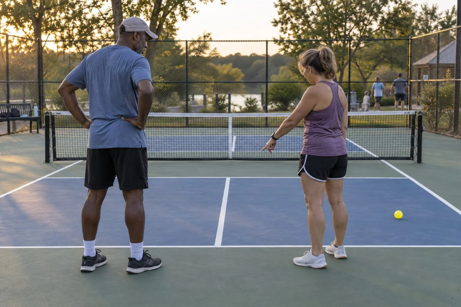 Community players checking service positions on a pickleball court