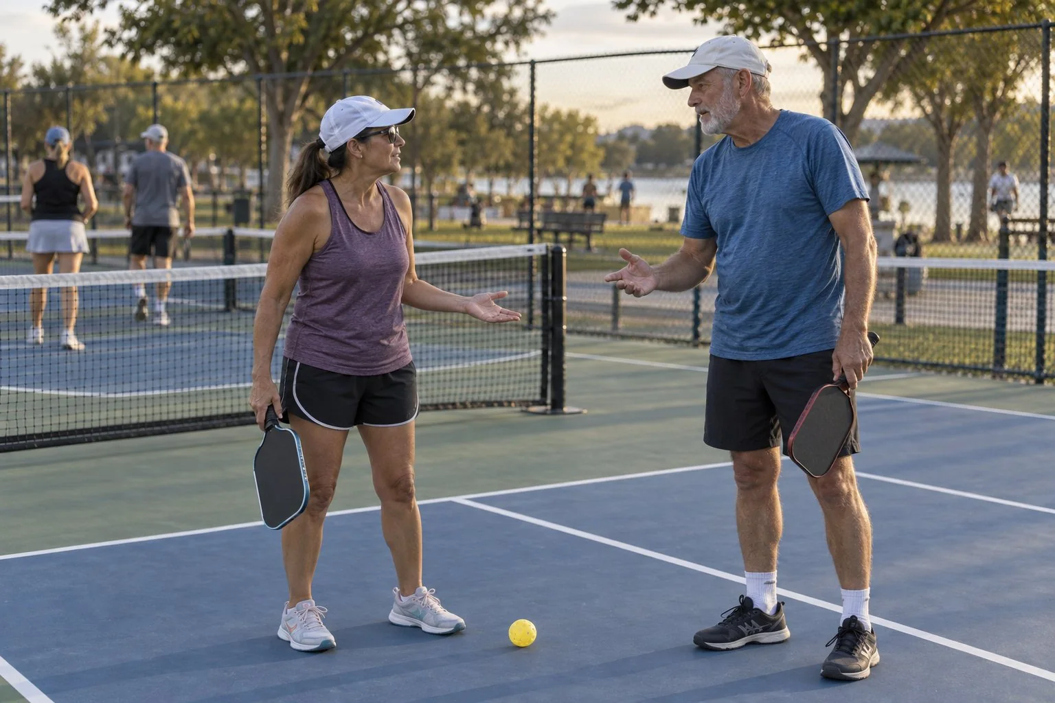 Jugadores resolviendo con calma el contacto de una pelota con la ropa durante el pickleball