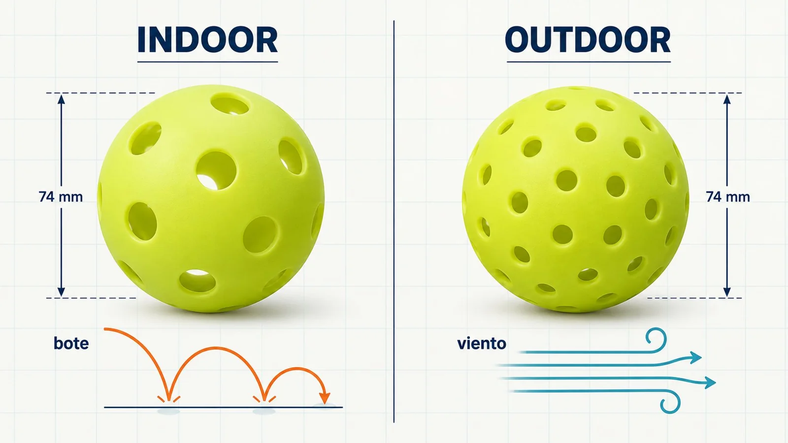 Diagrama comparativo de pelotas indoor y outdoor de pickleball