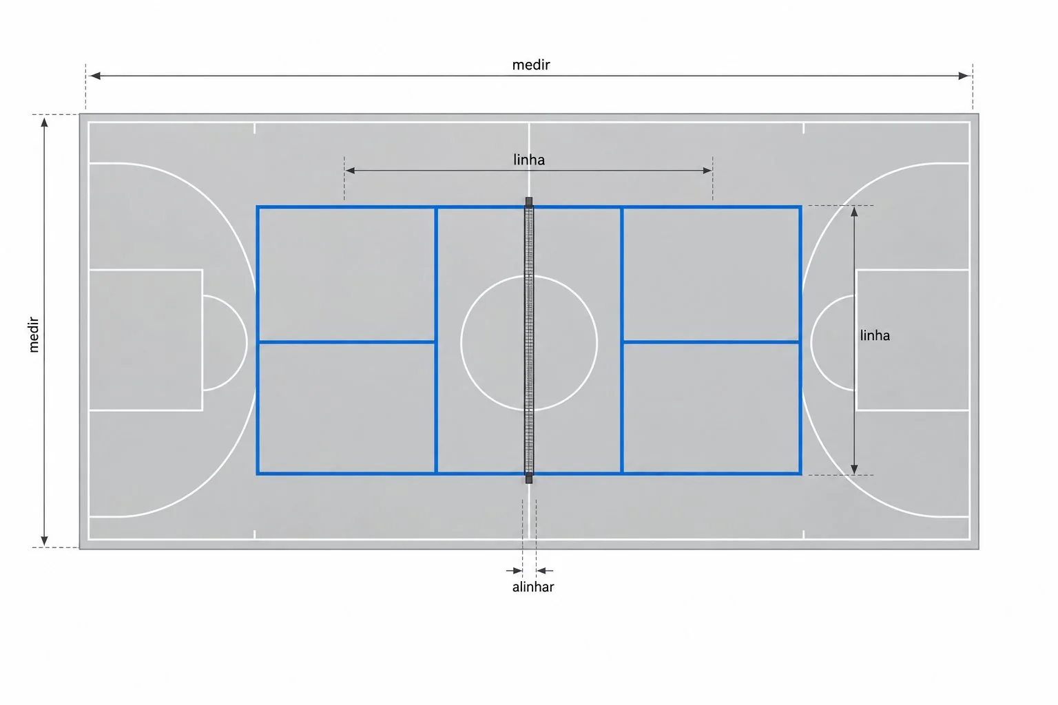 Diagrama de medidas e alinhamento das linhas de pickleball