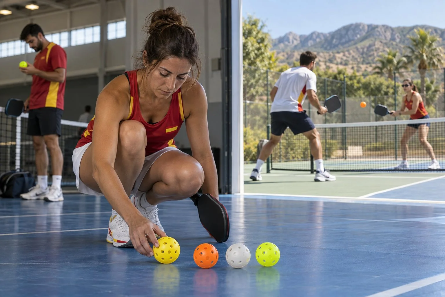 Jugadores probando pelotas de pickleball en distintas superficies
